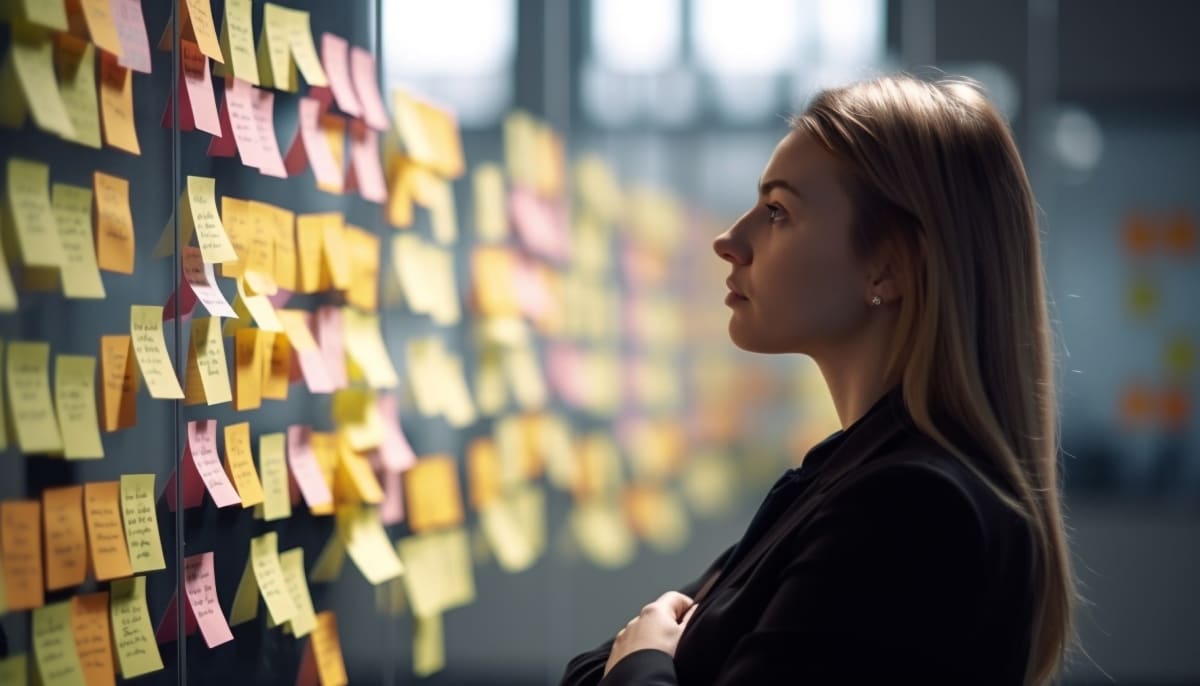 mujer mirando pared con postit mujer mirando pared con postit